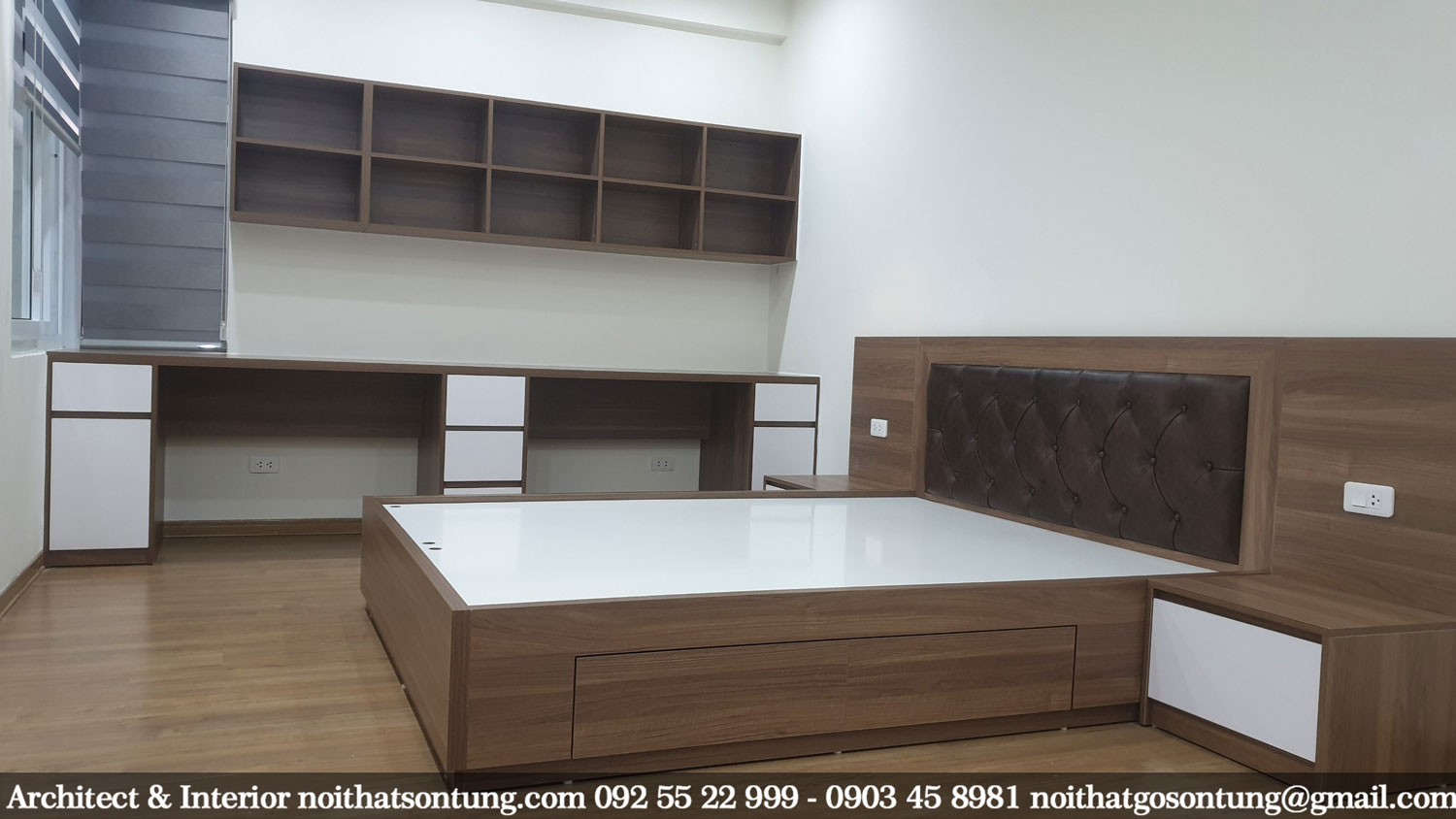 Giường ngủ được sản xuất bằng chất liệu gỗ MDF chống ẩm phủ melamine Sơn Tùng