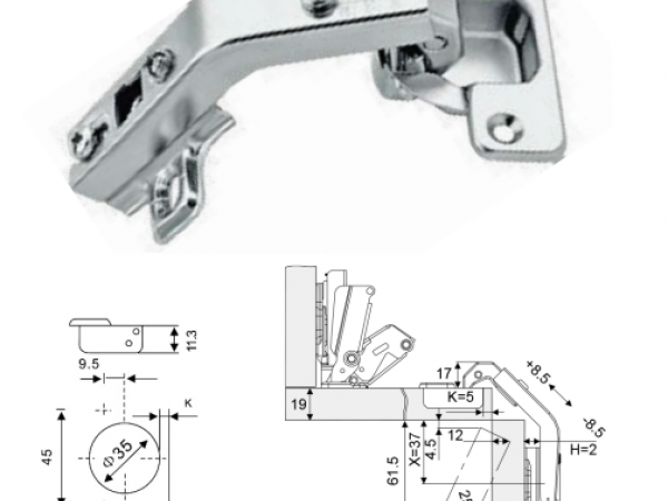 Bản lề C115 dùng cho cánh tủ góc, góc mở 115 độ