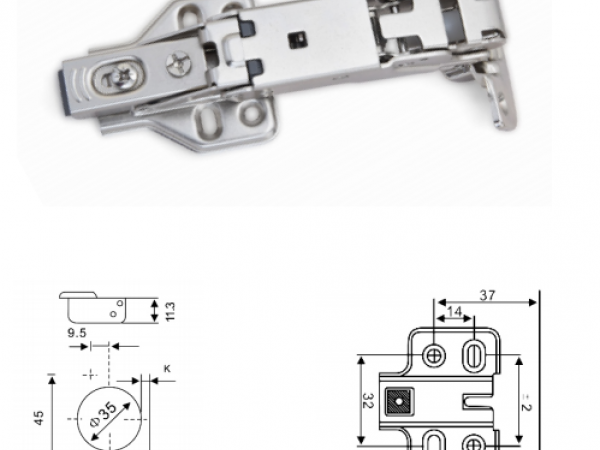 Bản lề thép mạ Nikel C166, dùng cho cánh tủ góc/tủ kho, mở 2 cánh cùng một lúc, tháo lắp nhanh, có giảm chấn