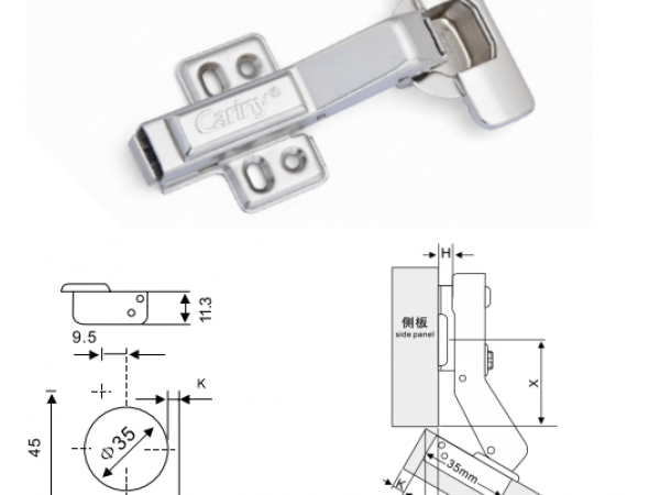 Bản lề thép mạ Nikel, dùng cho cánh tủ góc, tháo lắp nhanh, không giảm chấn C45